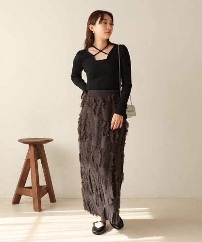 mix fringe knit skirt