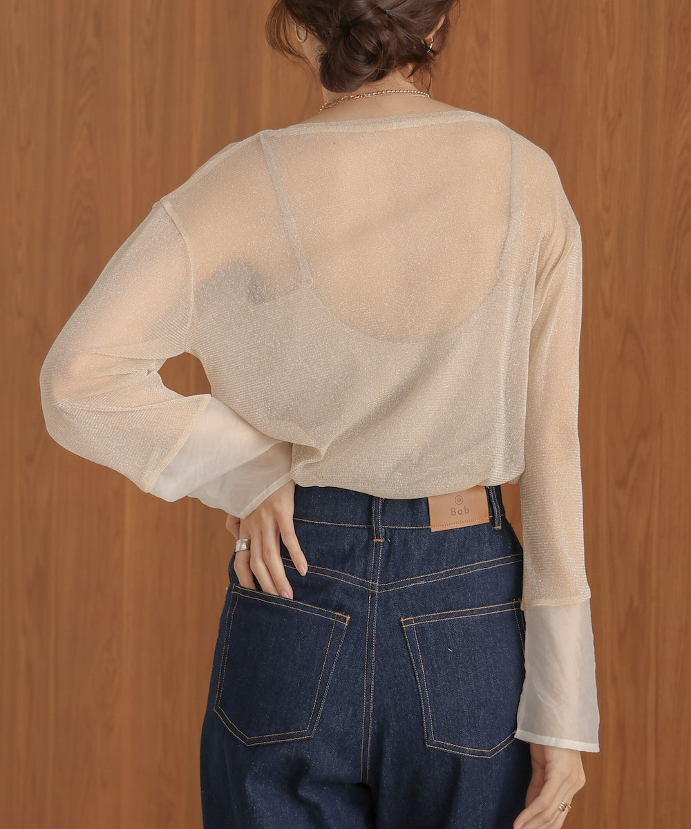 sheer sleeve glitter basic tops