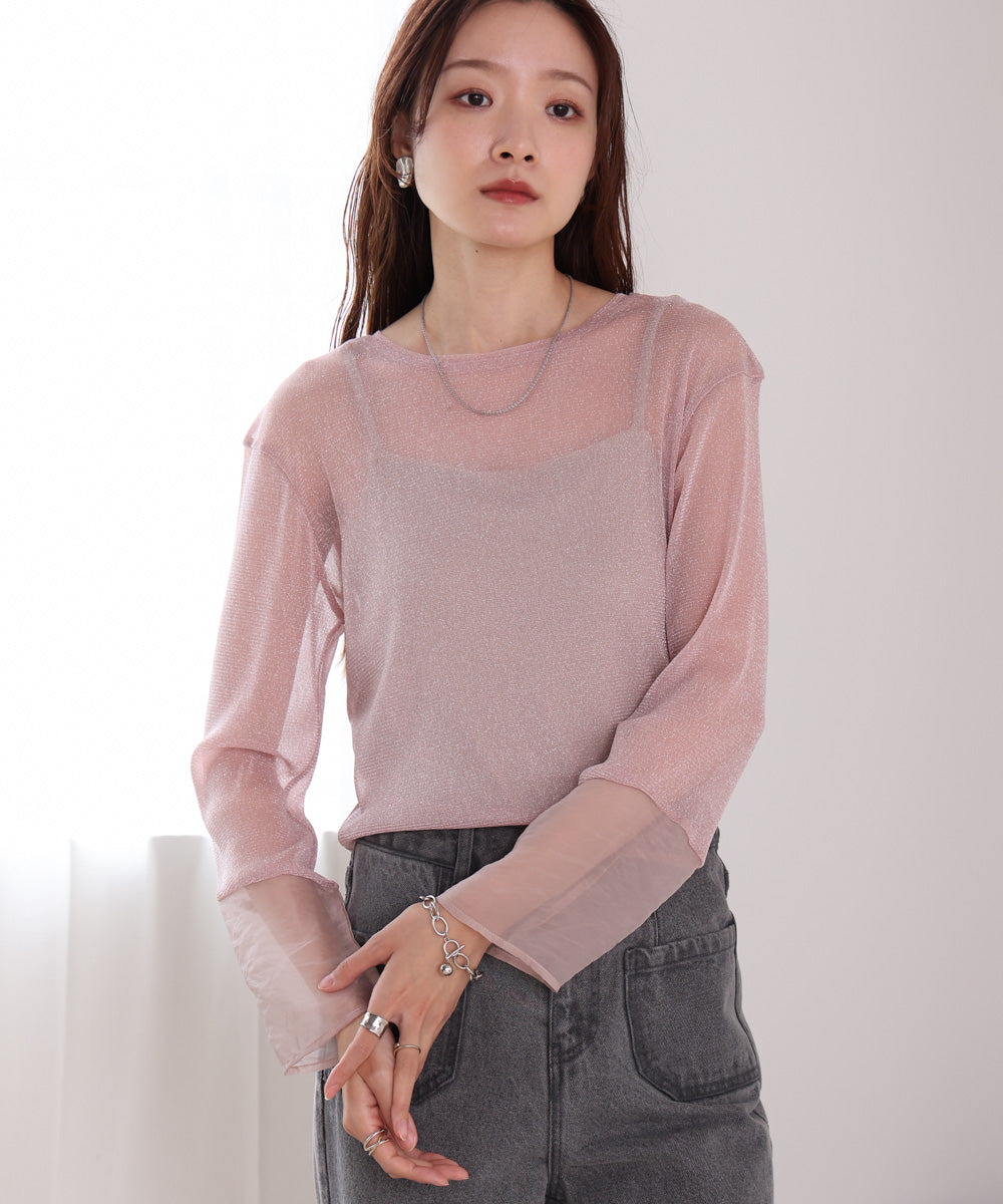 袖シアーラメベーシックカットソートップス