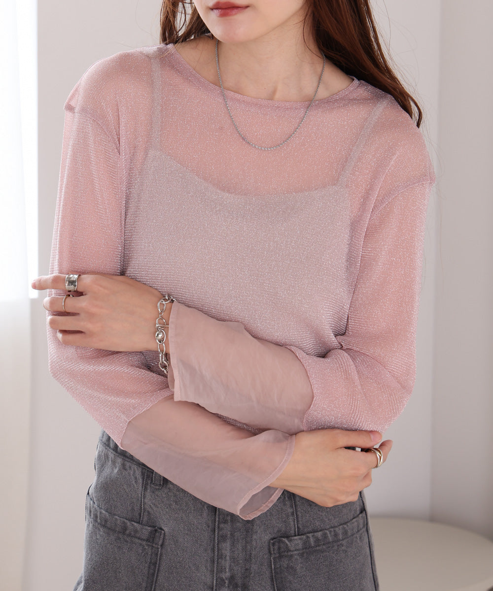 sheer sleeve glitter basic tops