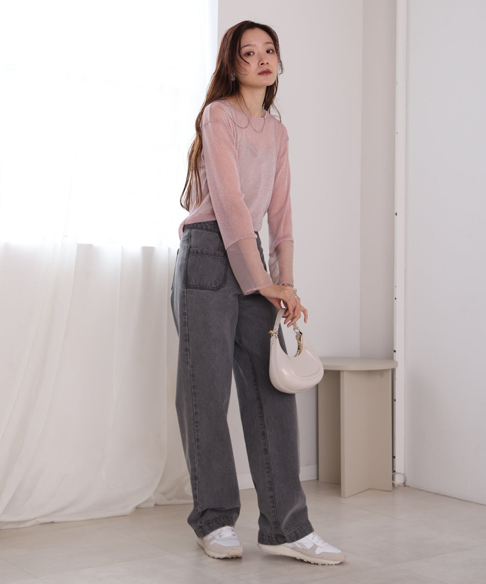 袖シアーラメベーシックカットソートップス