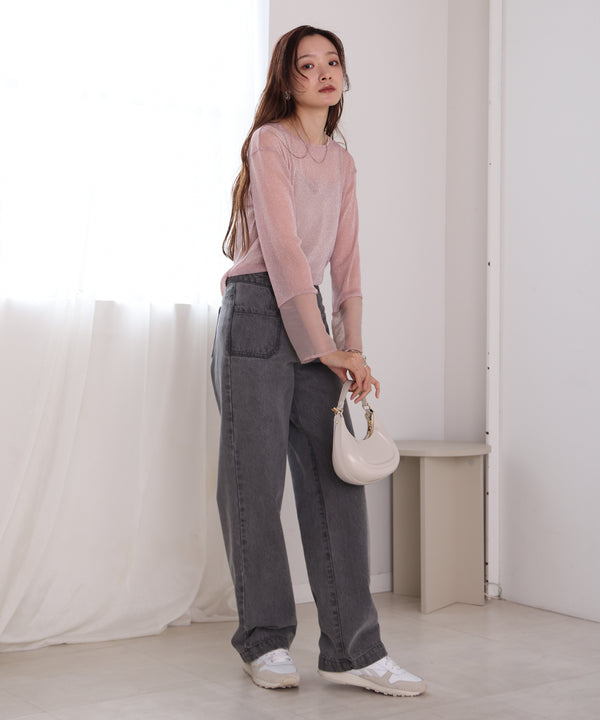 袖シアーラメベーシックカットソートップス