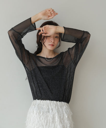 sheer sleeve glitter basic tops