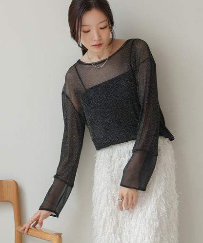 sheer sleeve glitter basic tops