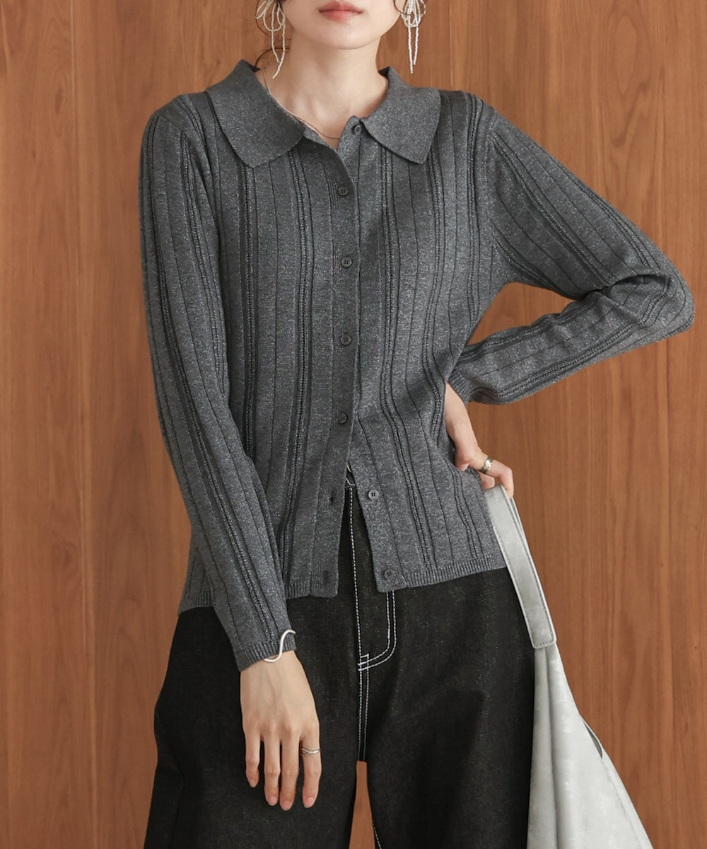 glitter shirt collar knit top
