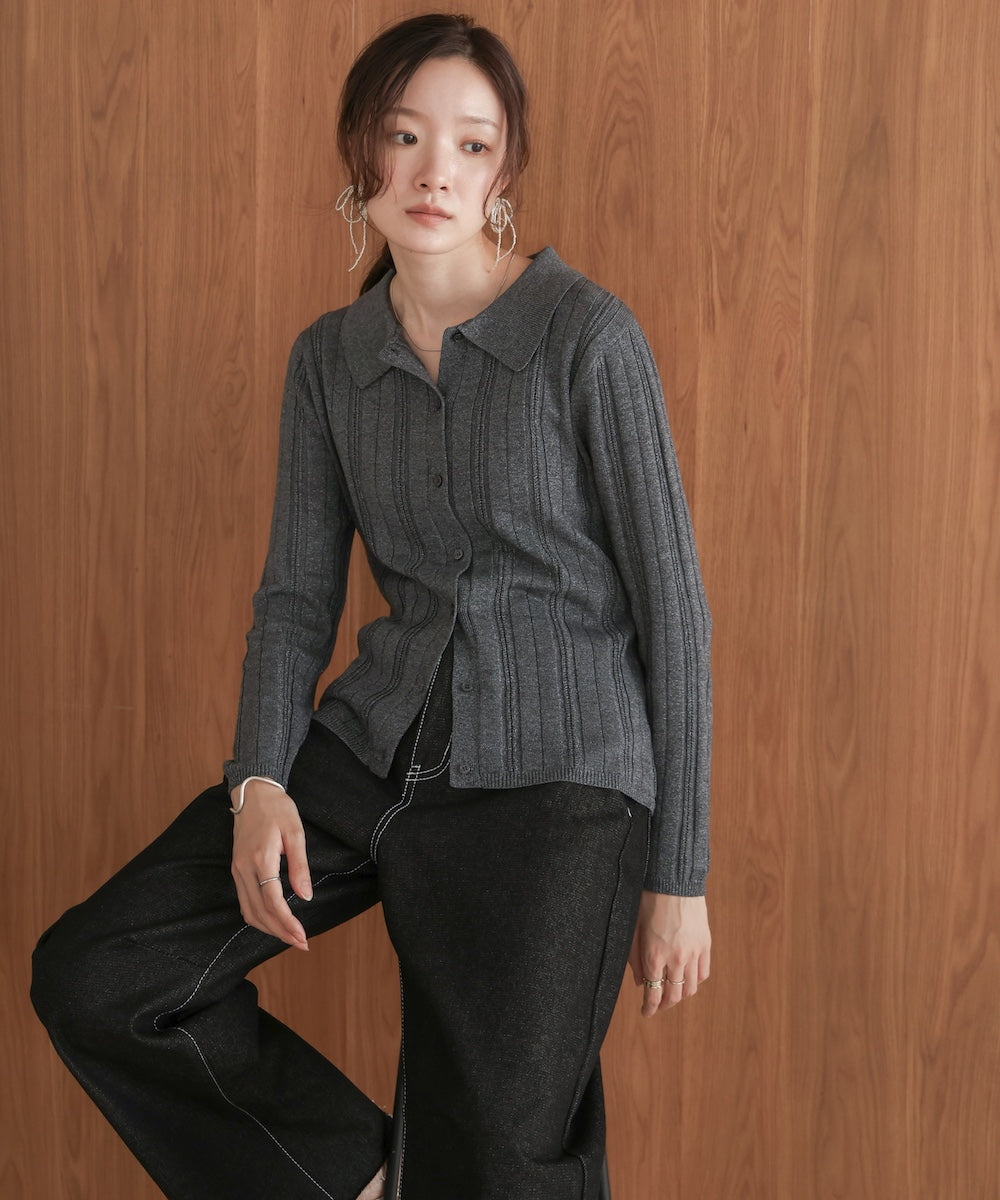 glitter shirt collar knit top