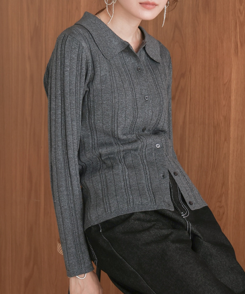 glitter shirt collar knit top