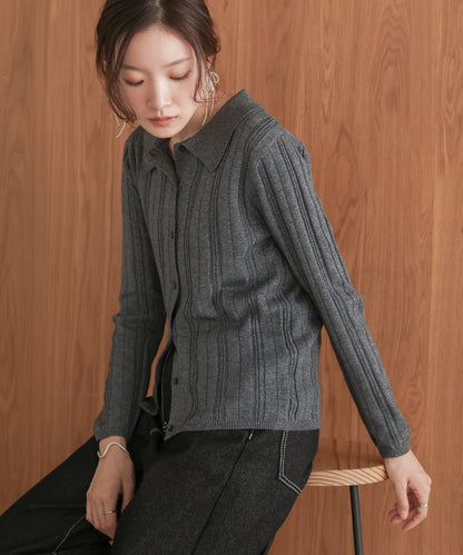 ［Knit1000円off］glitter shirt collar knit top