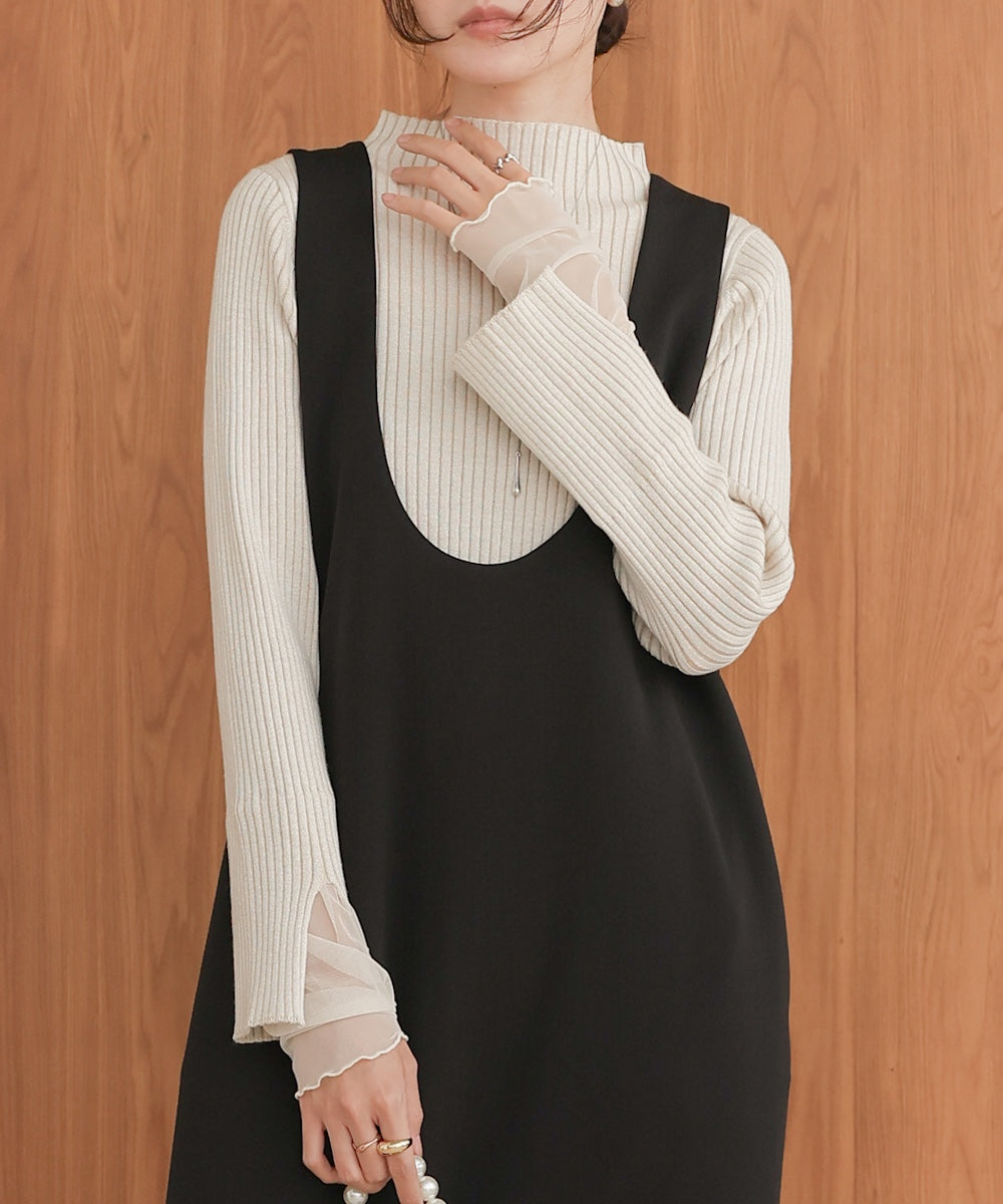 ［Knit1000円off］tulle layered ribbed knit