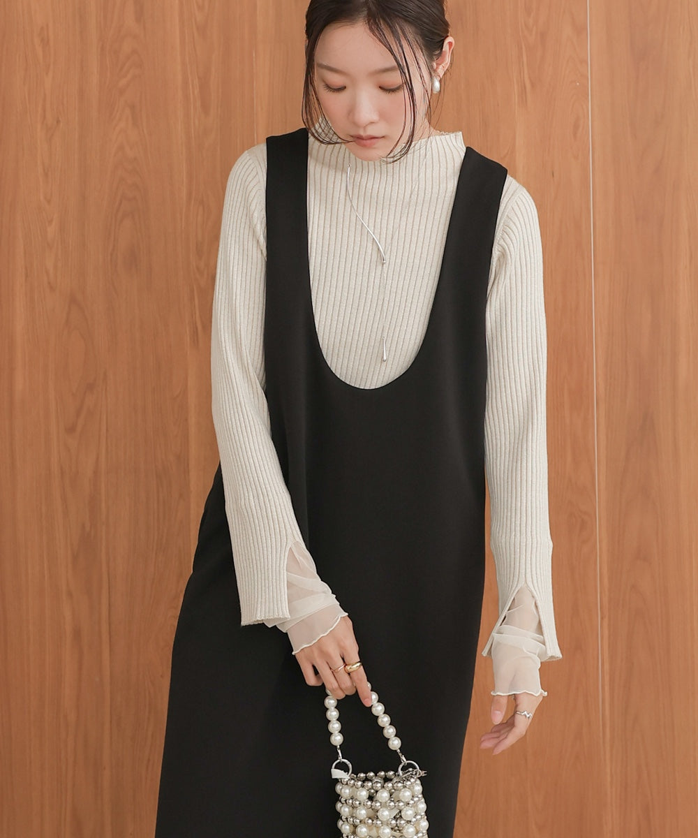 ［Knit1000円off］tulle layered ribbed knit