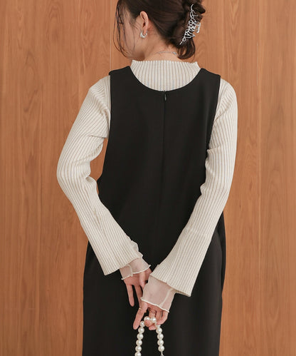 ［Knit1000円off］tulle layered ribbed knit