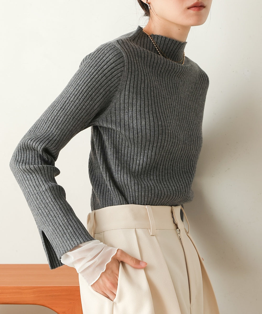 ［Knit1000円off］tulle layered ribbed knit