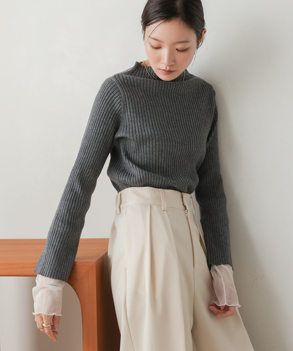 ［Knit1000円off］tulle layered ribbed knit