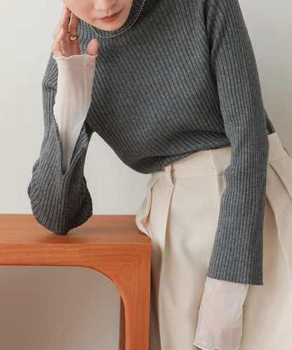 ［Knit1000円off］tulle layered ribbed knit