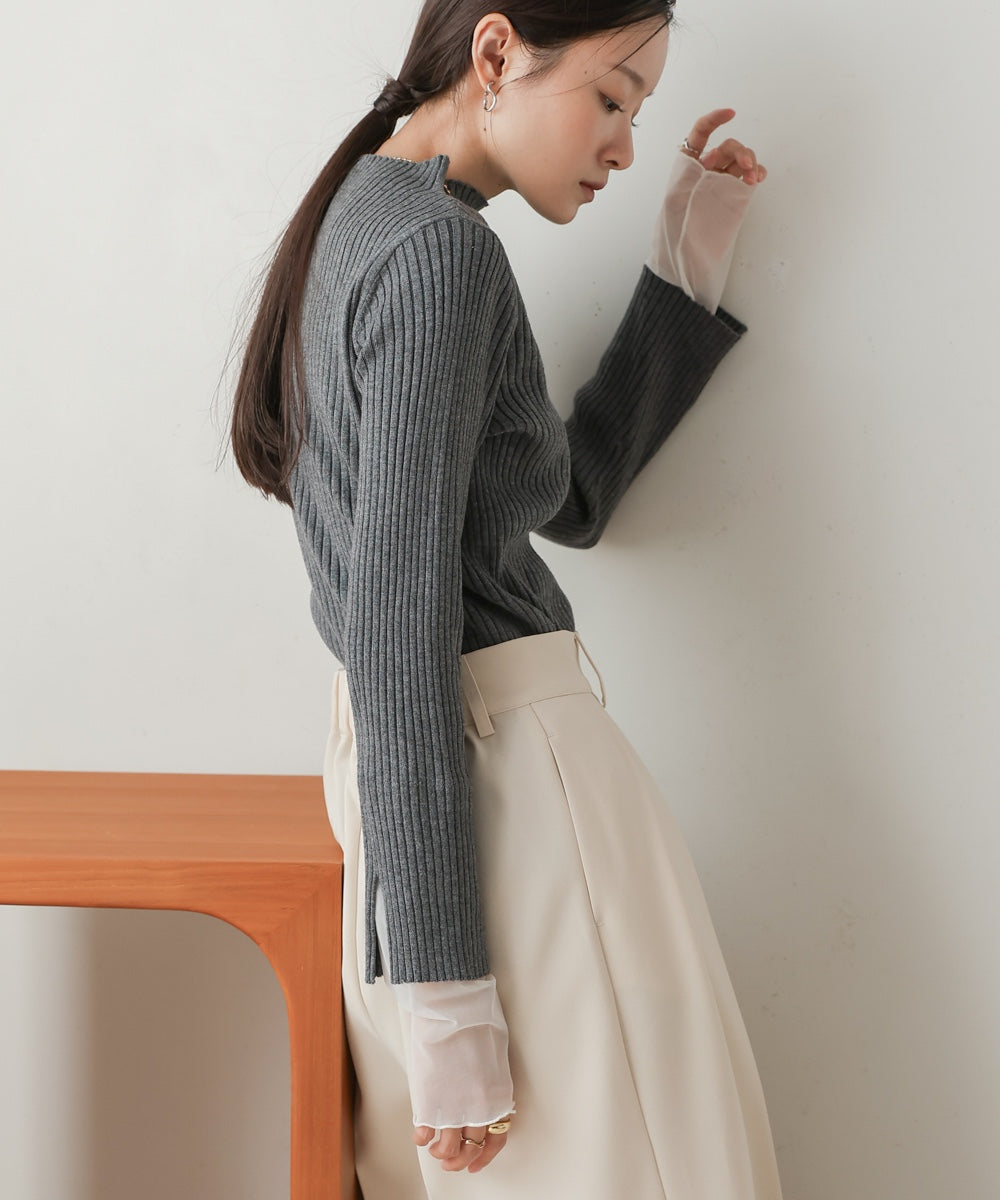 ［Knit1000円off］tulle layered ribbed knit