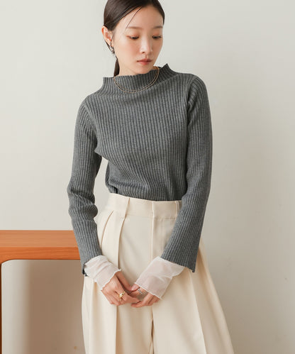 ［Knit1000円off］tulle layered ribbed knit