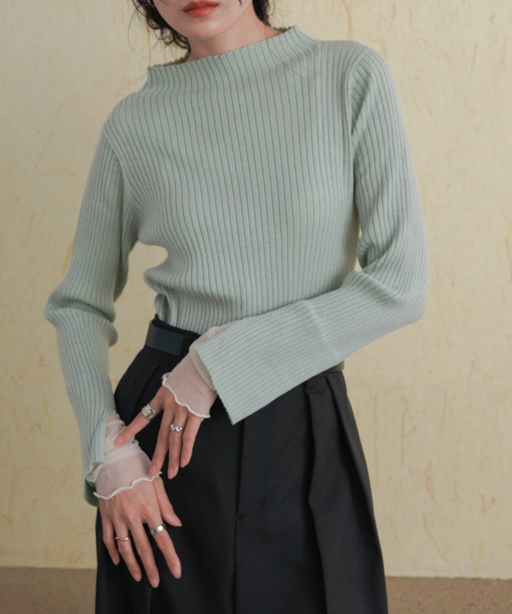 ［Knit1000円off］tulle layered ribbed knit