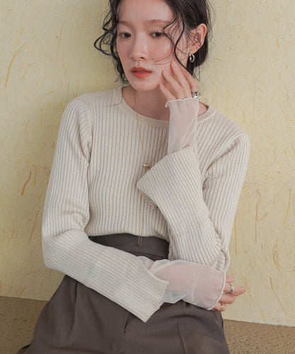 ［Knit1000円off］tulle layered ribbed knit