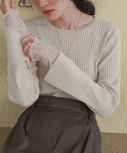 ［Knit1000円off］tulle layered ribbed knit