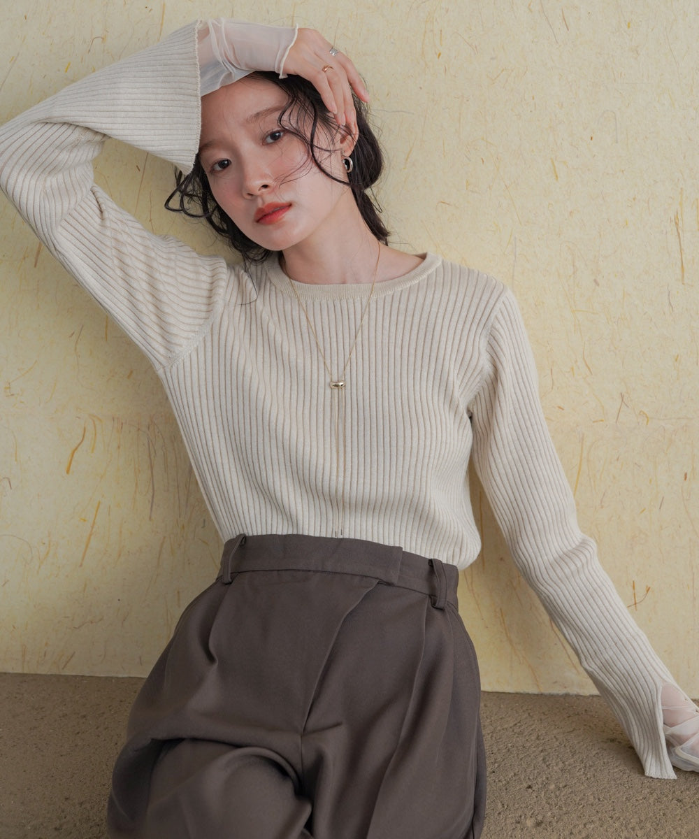 ［Knit1000円off］tulle layered ribbed knit