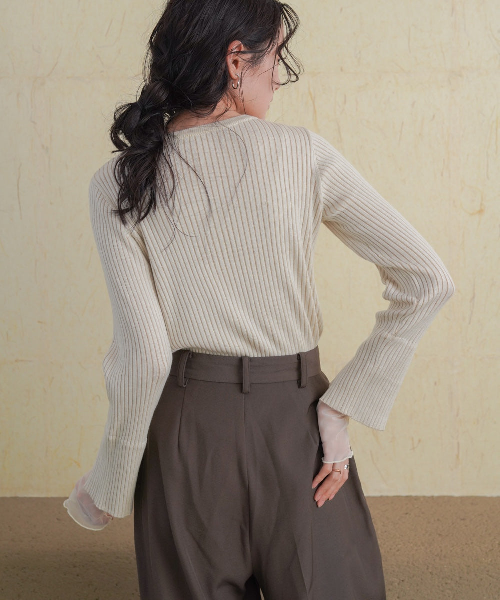 ［Knit1000円off］tulle layered ribbed knit