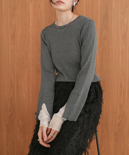 ［Knit1000円off］tulle layered ribbed knit