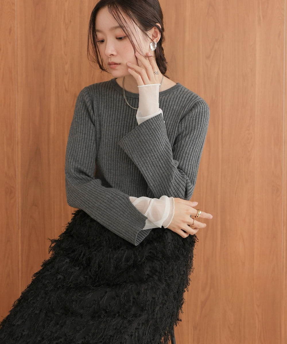 ［Knit1000円off］tulle layered ribbed knit