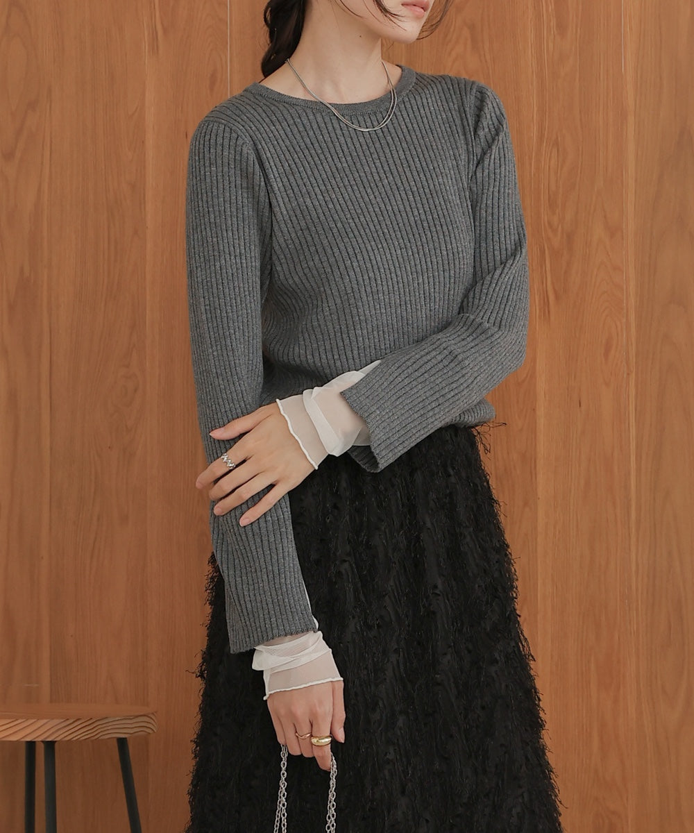 ［Knit1000円off］tulle layered ribbed knit