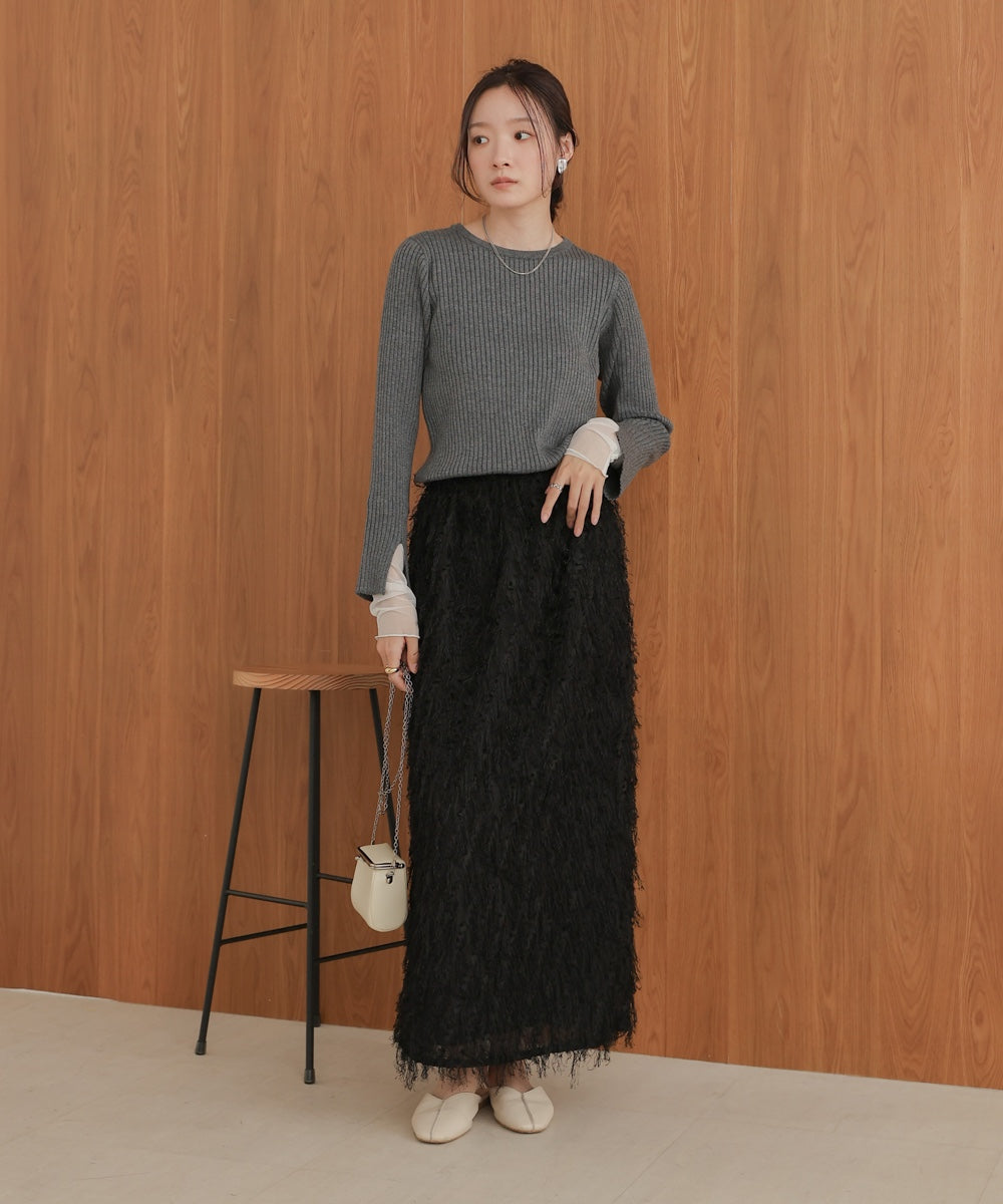 ［Knit1000円off］tulle layered ribbed knit