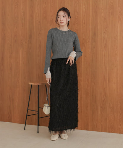 ［Knit1000円off］tulle layered ribbed knit