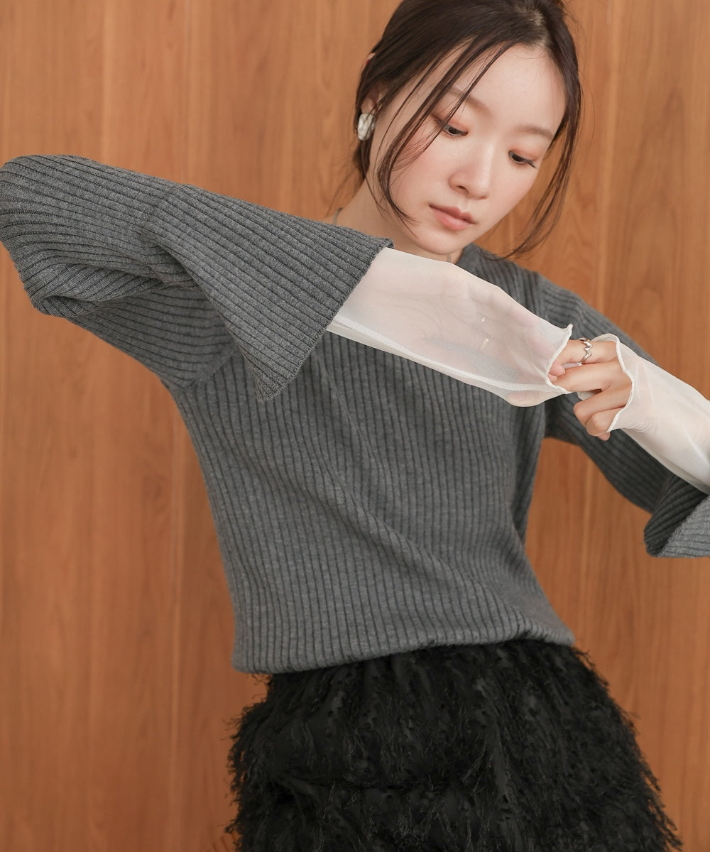 ［Knit1000円off］tulle layered ribbed knit