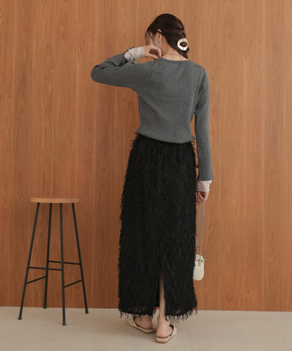 ［Knit1000円off］tulle layered ribbed knit