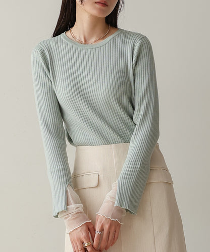 ［Knit1000円off］tulle layered ribbed knit