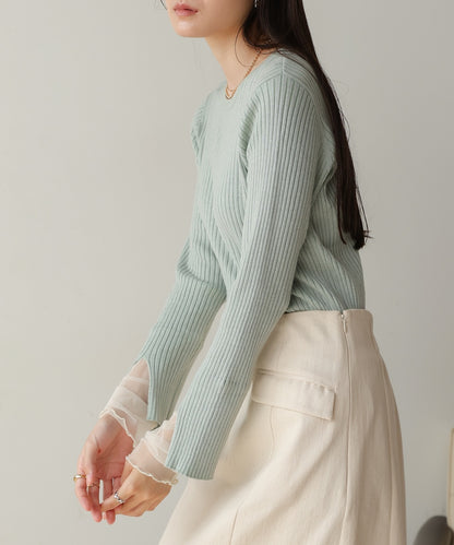 ［Knit1000円off］tulle layered ribbed knit