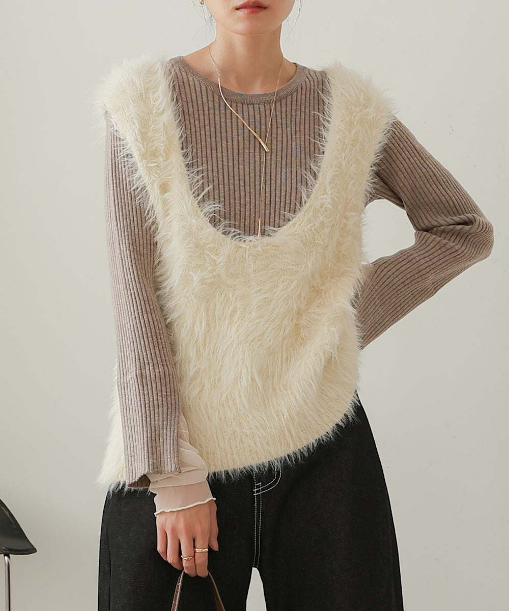 ［Knit1000円off］tulle layered ribbed knit