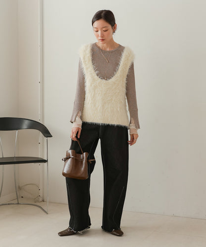 ［Knit1000円off］tulle layered ribbed knit