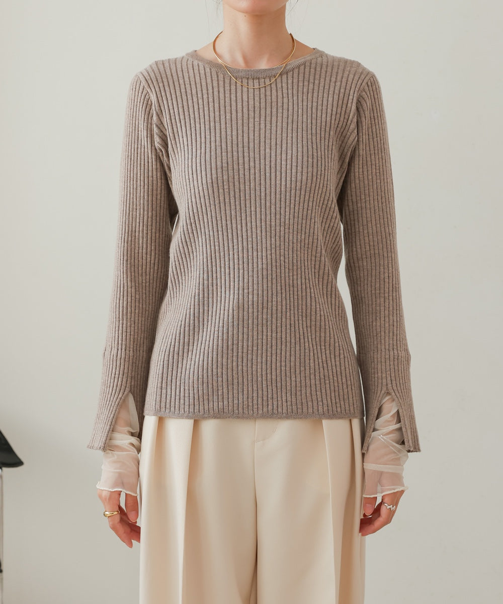 ［Knit1000円off］tulle layered ribbed knit