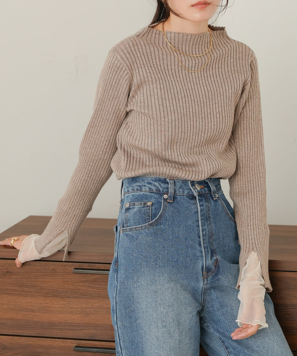 ［Knit1000円off］tulle layered ribbed knit