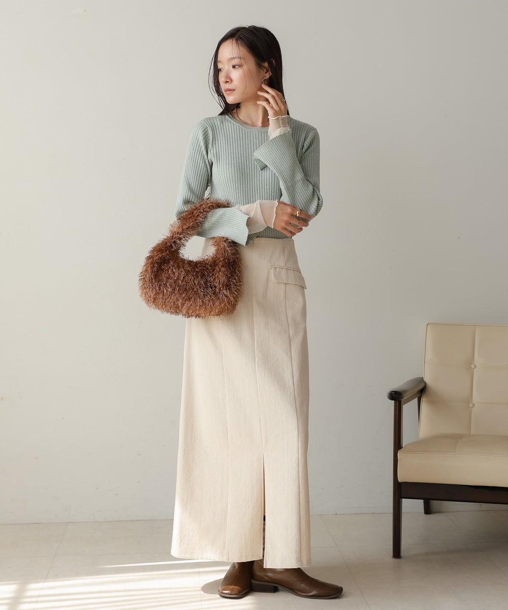 ［Knit1000円off］tulle layered ribbed knit