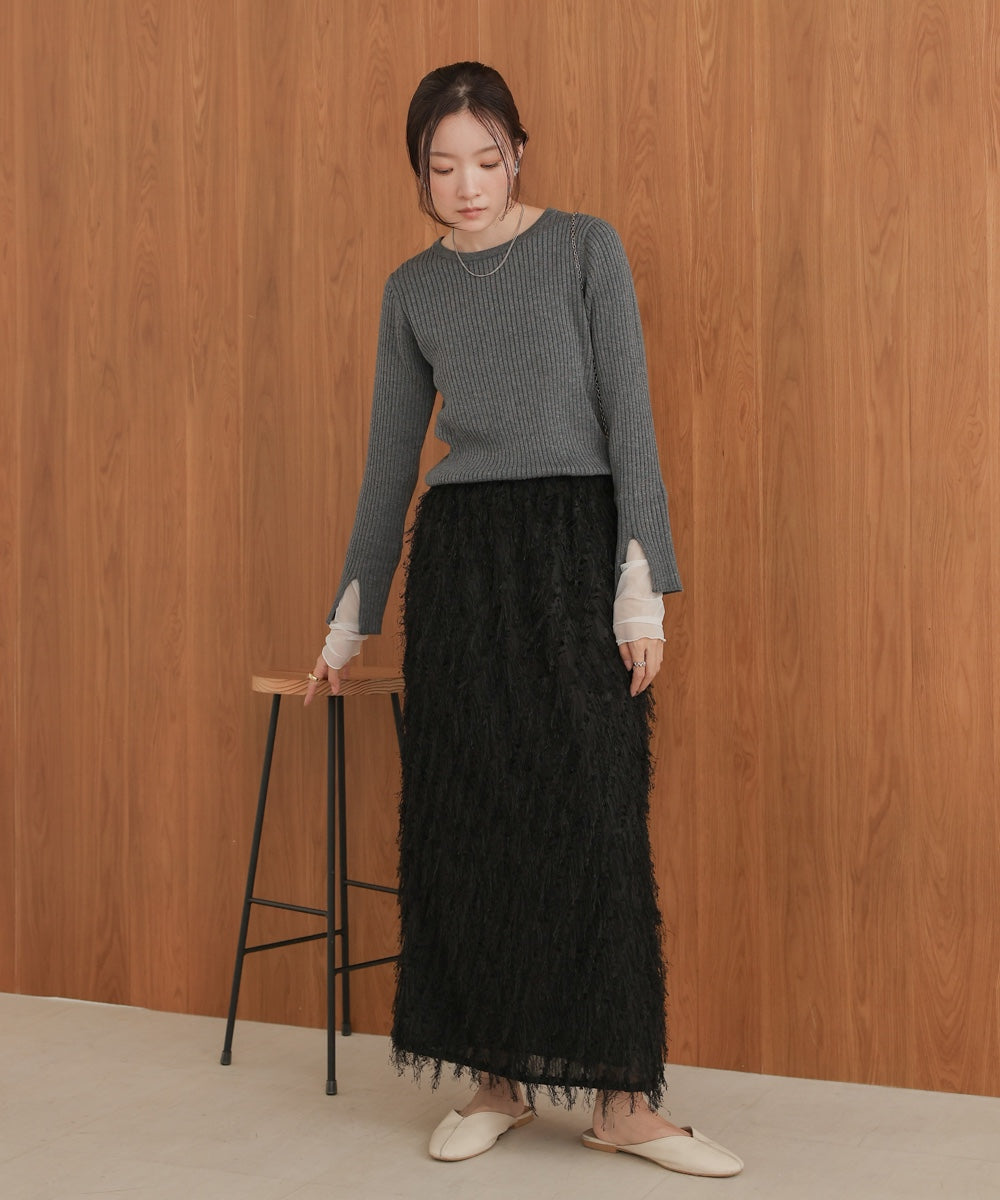 ［Knit1000円off］tulle layered ribbed knit