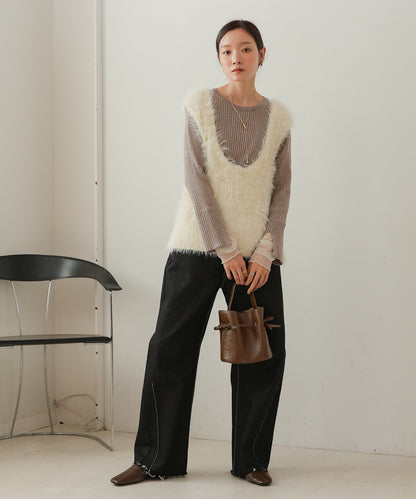 ［Knit1000円off］tulle layered ribbed knit