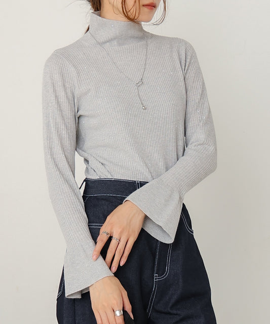 ［Knit1000円off］sequined high neck ribbed knit top