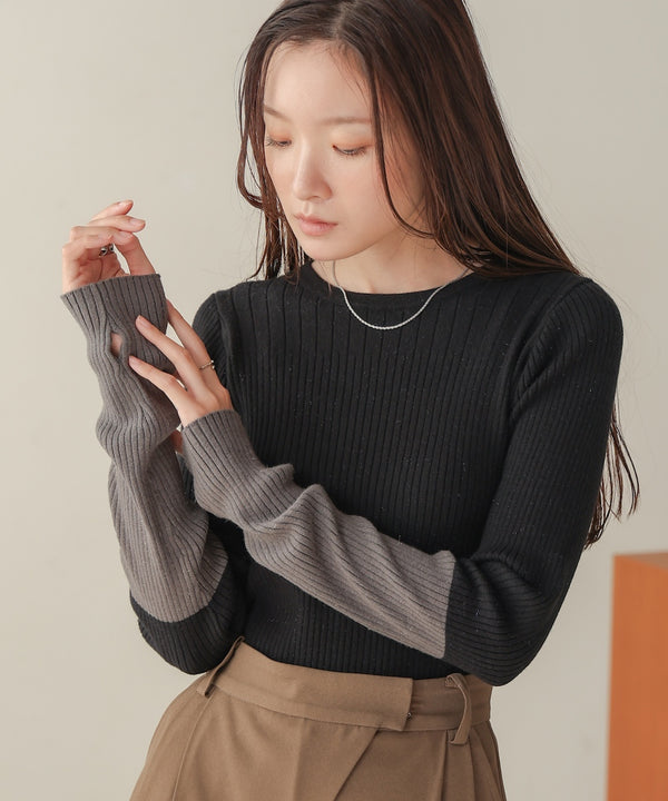 sleeve color block glitter knit tops