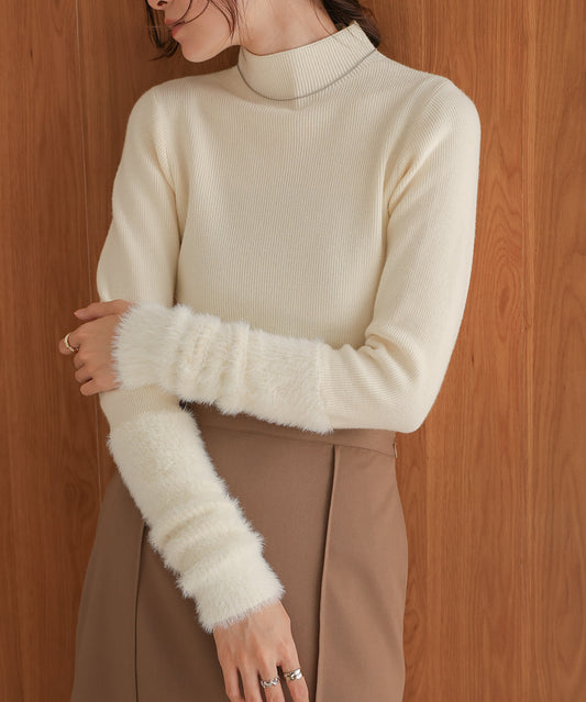 ［Knit1000円off］sleeves shaggy high neck knit tops