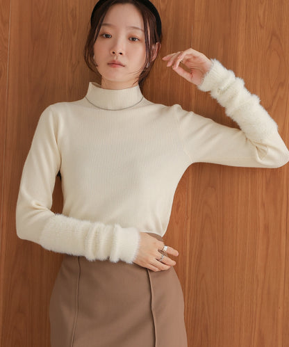 sleeves shaggy high neck knit tops