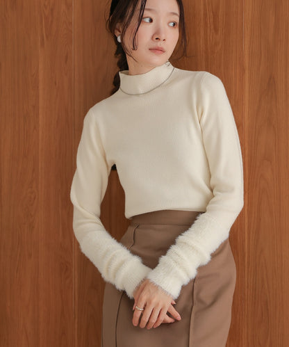 sleeves shaggy high neck knit tops