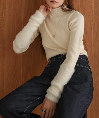 sleeves shaggy high neck knit tops