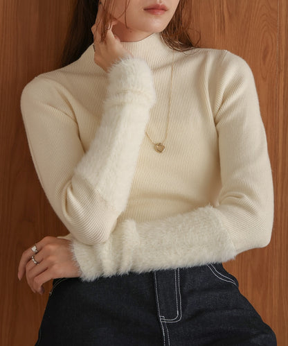 sleeves shaggy high neck knit tops