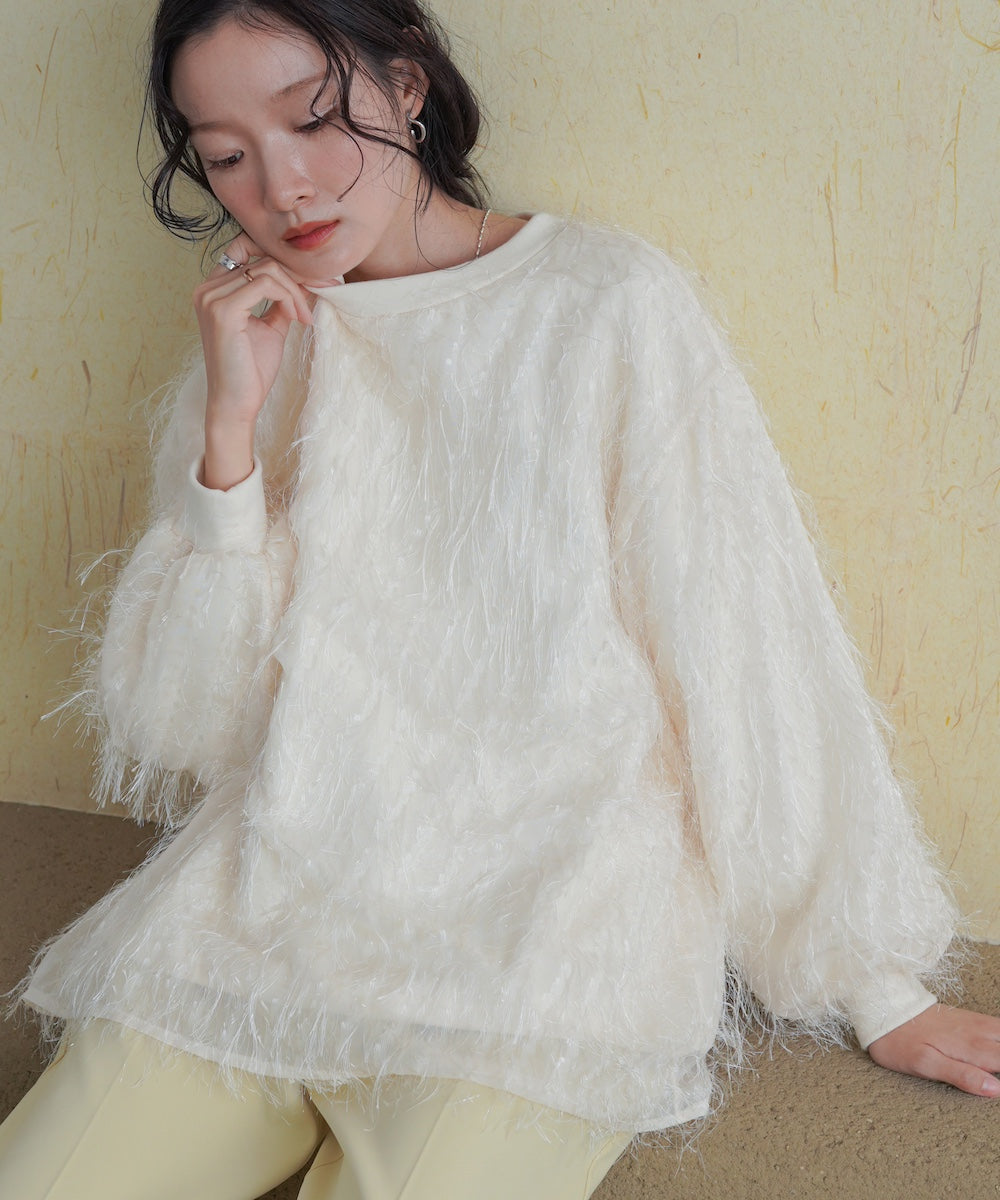 ［TIMESALE］sheer shaggy layered sweat top