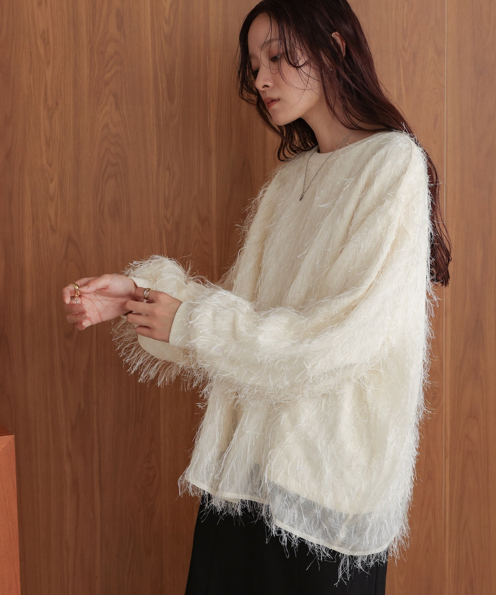 sheer shaggy layered sweat top